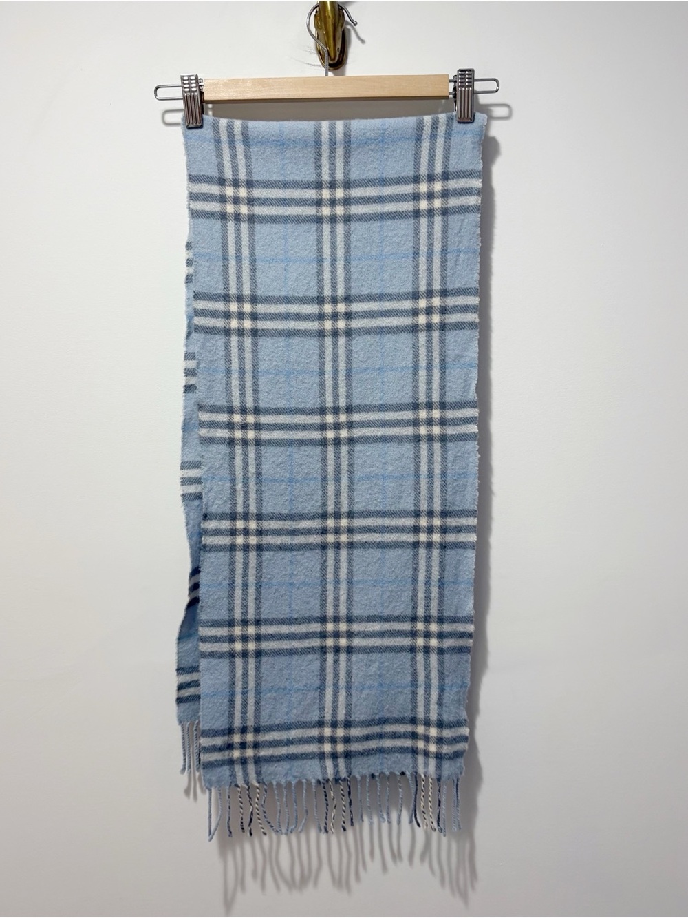 Burberry Light Blue Nova Check 100% Lambswool Scarf Fringe Classic Luxury Wrap
